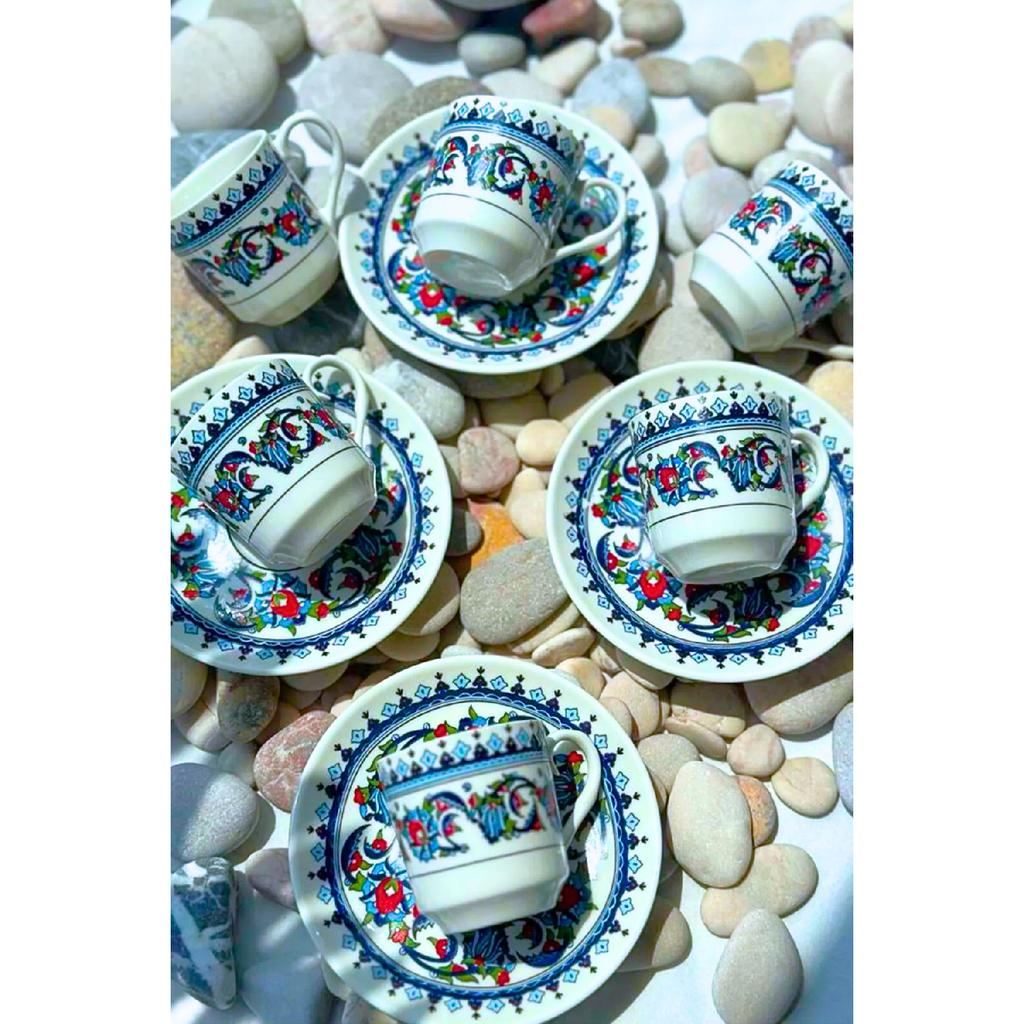 Porcelain Topkap Tile Patterned Turkish Coffee Cup Set For 6 Persons 12 Pieces