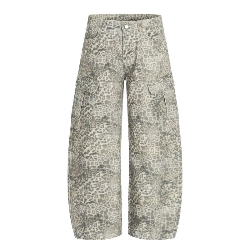 American Retro Leopard Print Cargo Jeans High Street Washed Distressed Loose Wide Leg Denim Pants