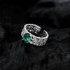 S925 Sterling Silver Emerald Diamond Ring Women'S Medieval Lace Electroplated Gold Light Luxury Open Index Finger Ring Retro Style
