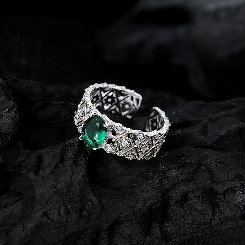 S925 Sterling Silver Emerald Diamond Ring Women'S Medieval Lace Electroplated Gold Light Luxury Open Index Finger Ring Retro Style
