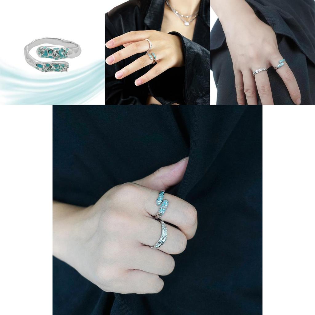 Elegant Adjustable Geometric Copper Ring With Teal Blue Resin And Zircon Embellishments