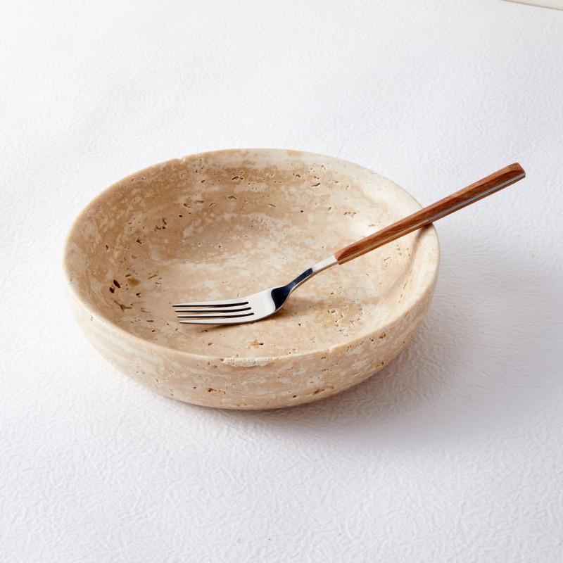 European Style Beige Travertine Stone Serving Tray Round Decorative Fruit Dish Storage Plate Kitchen Dining Table