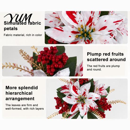 Fake Flowers for Outdoor Artificial Poinsettia Flowers, Christmas Floral Berry Centerpiece, Fade-Resistant Lush Porch Landscaping Red And White Plants