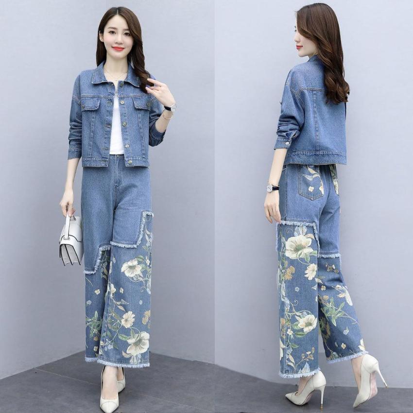 Джинсовая куртка из 2 предметов, широкие брюки, костюм, женский повседневный модный тонкий пиджак, брюки, комплект из двух предметов