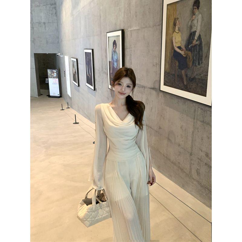 Kumikumi Модный костюм Элегантный отложной воротник Рубашка с длинными рукавами Женский Осенний С высокой талией Приталенный Широкие брюки Набор из двух предметов