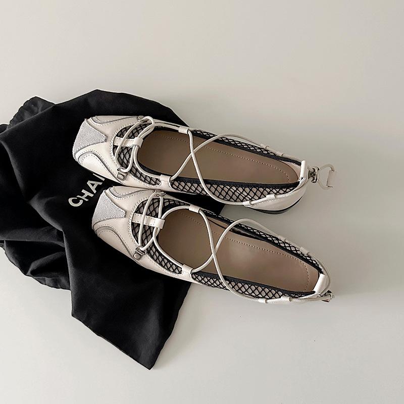 Cowhide version~ Square head retro mesh yarn functional style Mary Jane shoes versatile cross-strap ballet shoes platform casual shoes