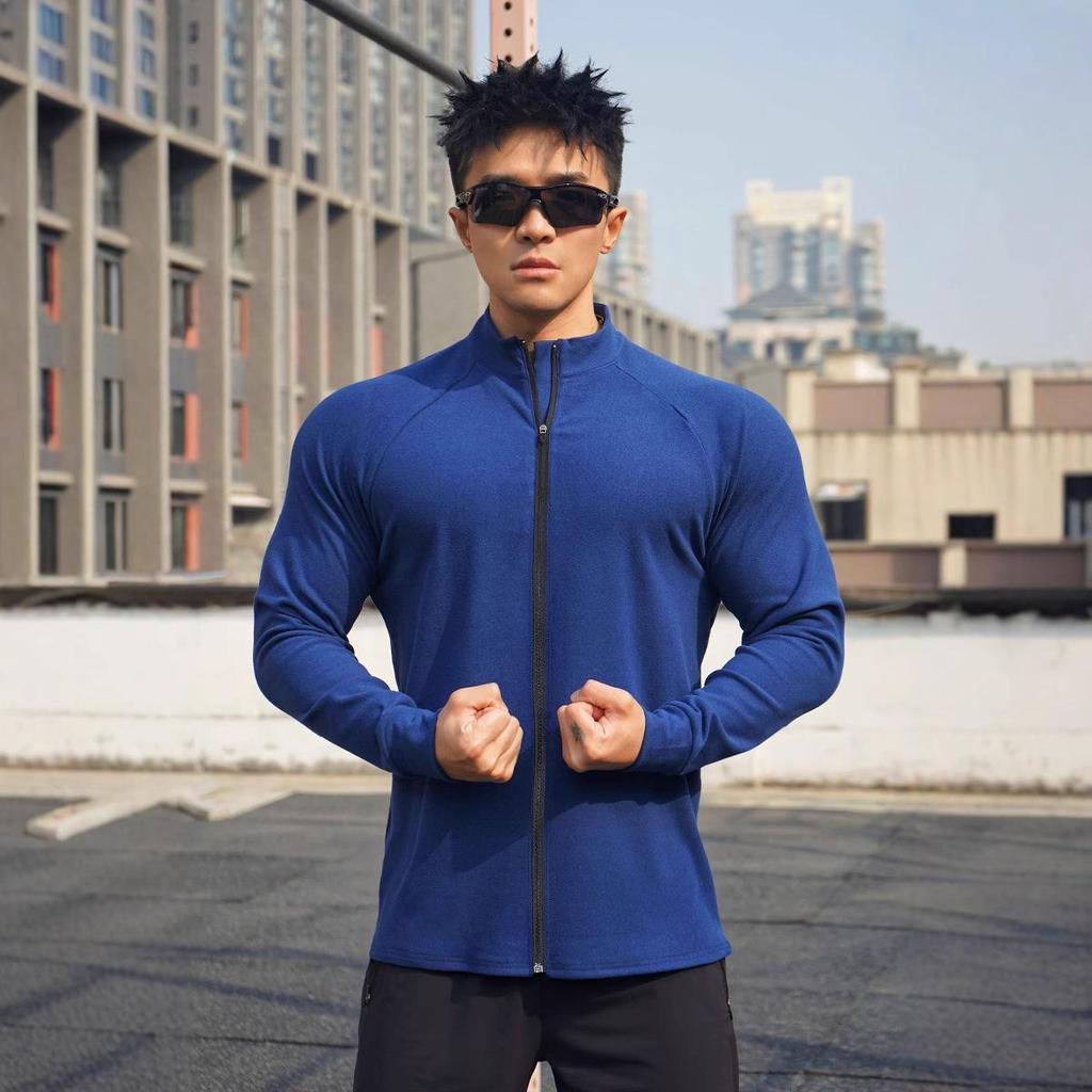 Мужская повседневная велюровая футболка с длинным рукавом для тренировки мышц - эластичный воротник-стойка на молнии