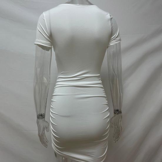 Женское платье-футляр с глубоким V-образным вырезом, плиссированными узкими короткими рукавами, сплошной цвет, узкая высокая талия, мягкое эластичное женское вечернее мини-платье для ночного клуба