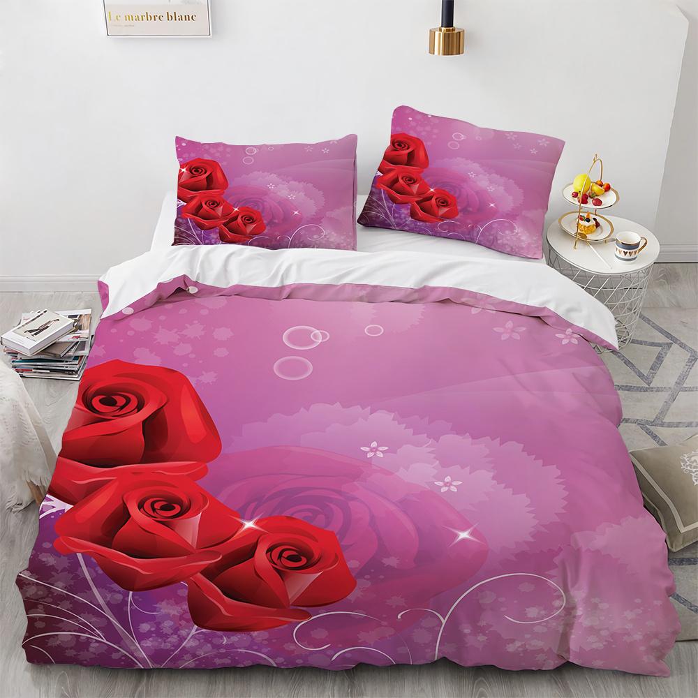 Rose Duvet Cover Set 3D Printed Romantic Theme Flower Bedding Set Valentine's Day Twin Polyester Comforter Cover With Pillowcase