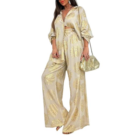 Женские костюмы-двойки с крупным принтом, рубашка на пуговицах с длинным рукавом, брюки с широкими штанинами на резинке, повседневный костюм для отдыха