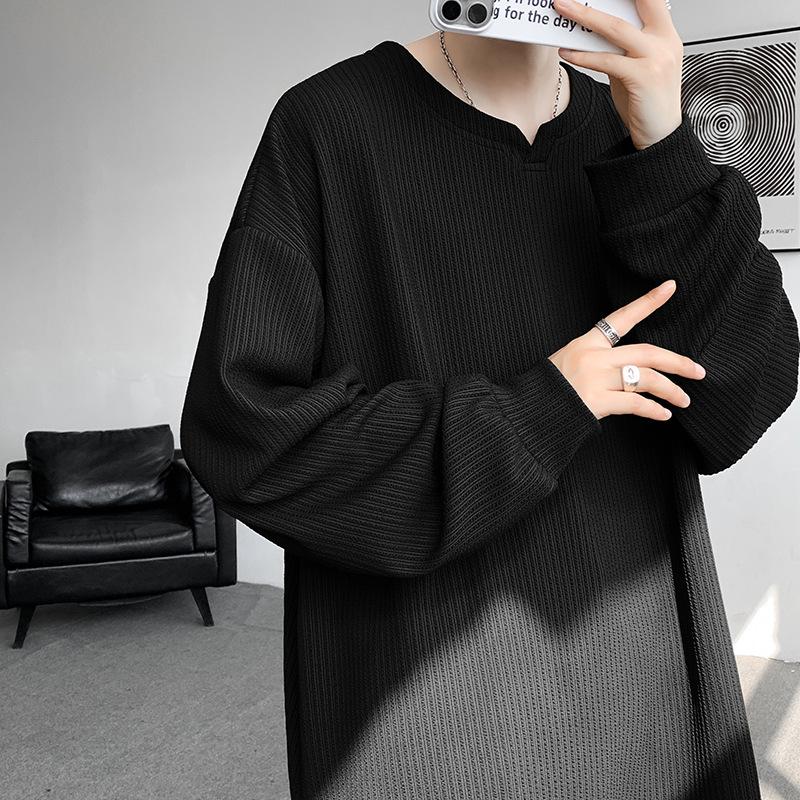 Autumn and Winter Men's Loose Fashion Striped Long-sleeved T-shirt Japanese Versatile Handsome Rotator Sleeve Sweater