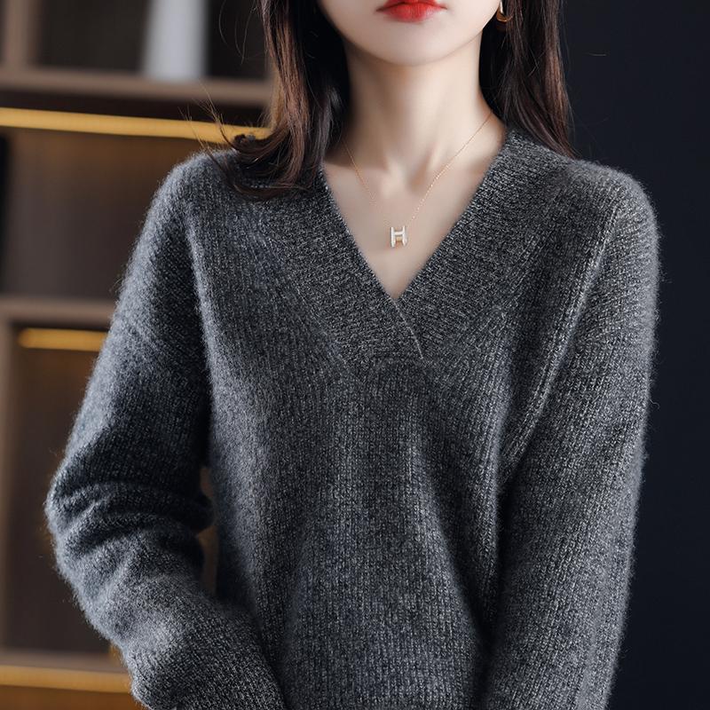 Autumn Winter Casual Elegant V-neck Women's Sweater Solid Fashion Long Sleeve Knitted Pullover Sweaters Women Warm Loose Lady Knitwears Clothing 31073