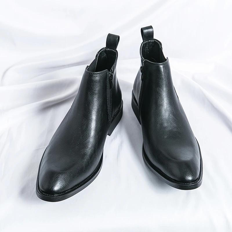 Luxury Brand Side Zipper Chelsea Boots Casual Dress Shoes Men's Formal Boots British Style High Top Leather Ankle Boots for Men