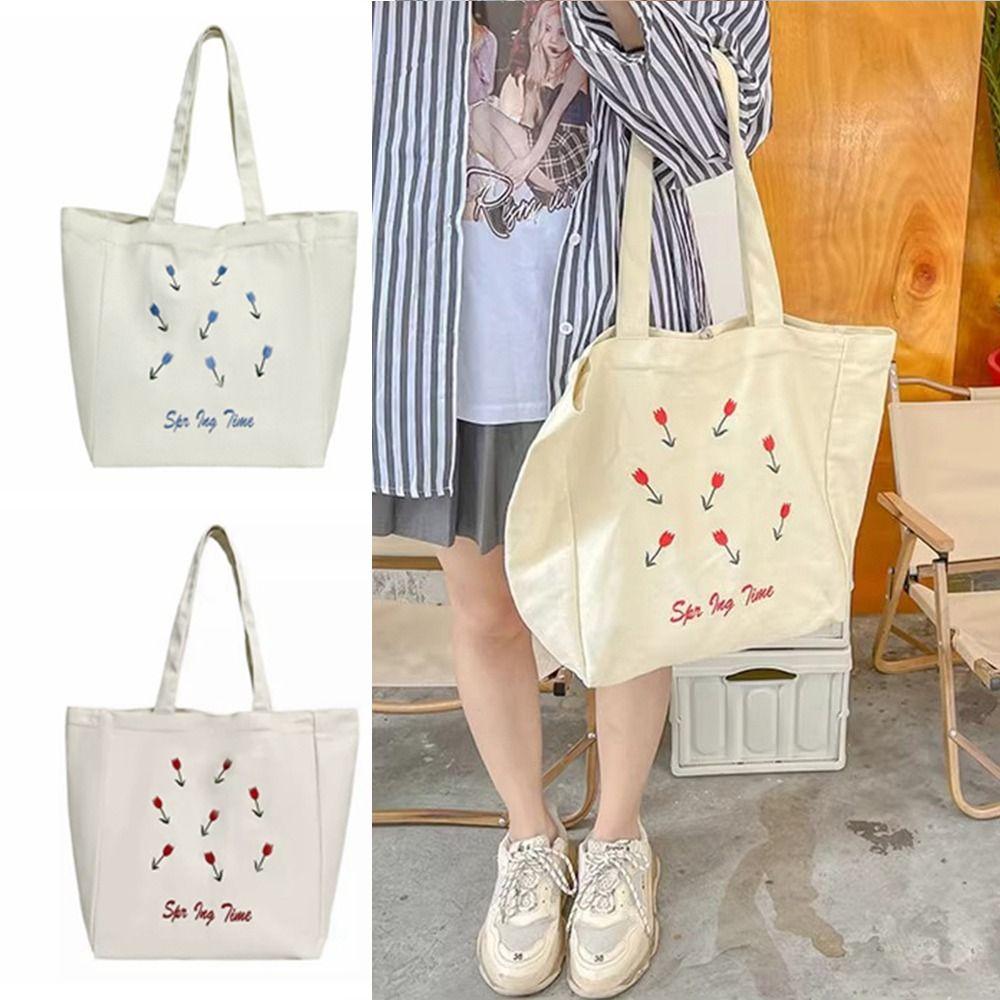 Canvas Cosmetic Storage Organizer Flower Printed Storage Pouch Casual Women's Shopping Bag Student