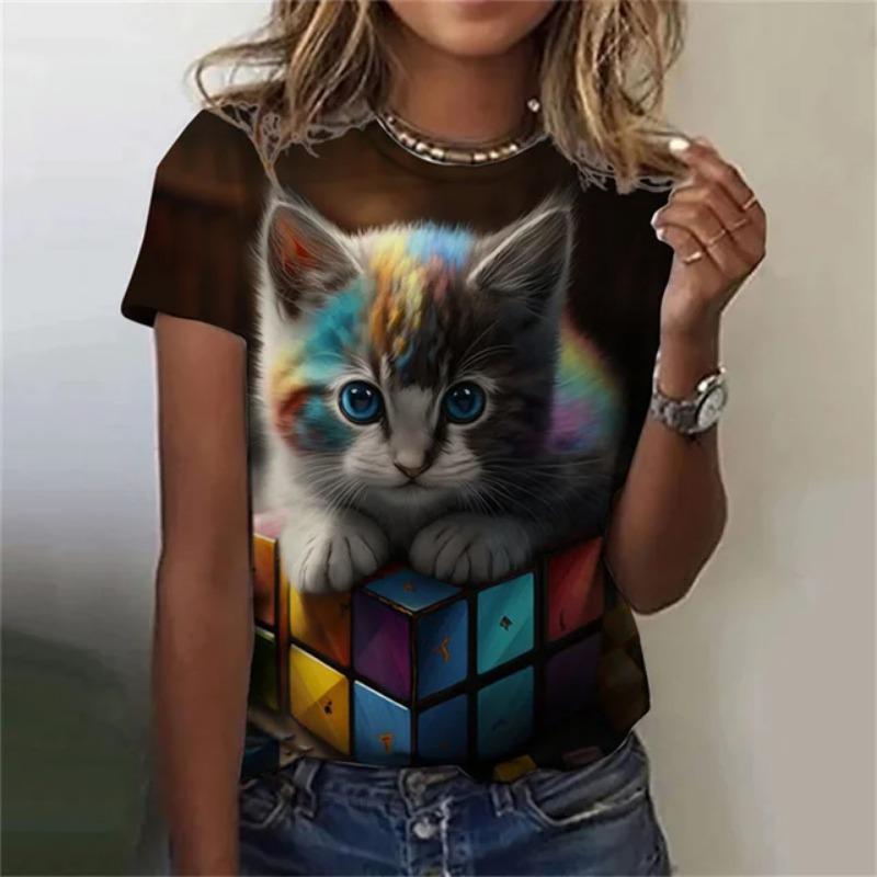 Модная женская футболка с 3D принтом Kawaii Cat Pattern, топ с короткими рукавами и круглым вырезом, летняя уличная повседневная уличная простая одежда