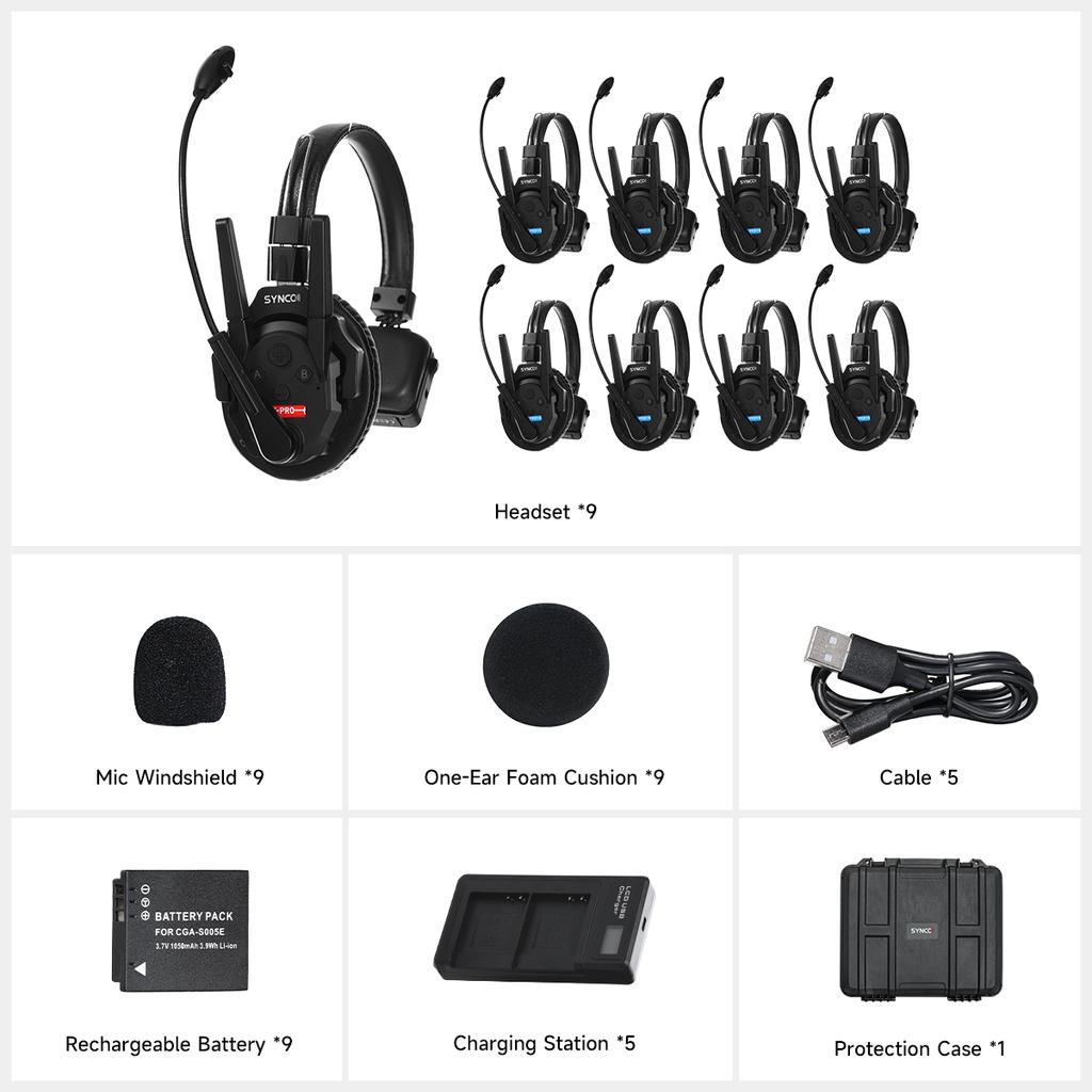 Synco Xtalk XPro9 9-Person Wireless Intercom Headset System 2.4G Wireless Headset with Microphone