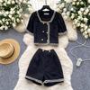 Summer Women Flower Button Tweed Pant Outfits Women Double Breasted Jacket Tops + Shorts Two Piece Set