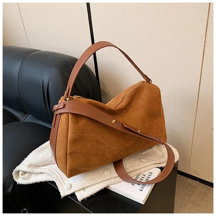 Style Fashion Zipper Solid Faux Suede Top-Handle Bag High Quality Large Capacity Simple Shoulder Bag