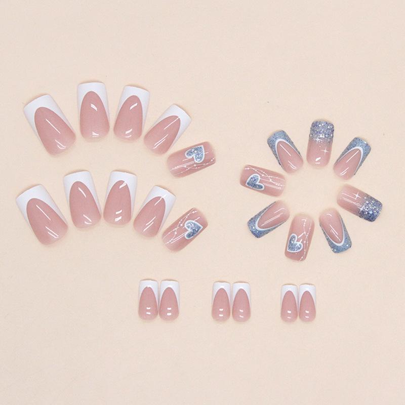 24 Pieces Medium and Long French Manicure Flash Love Fake Nails European and American Ins Style Wearing Sweet Girl Manicure Nails