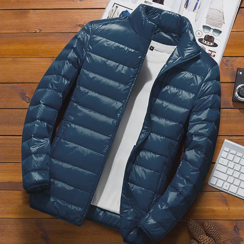 2023 Мужская облегающая легкая зимняя куртка из хлопкового пуха с воротником-стойкой