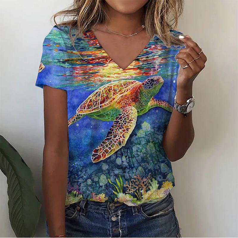 Summer V-neck 3D Infauna Printed Top Fashionable Casual Short Sleeved Women's T-shirts