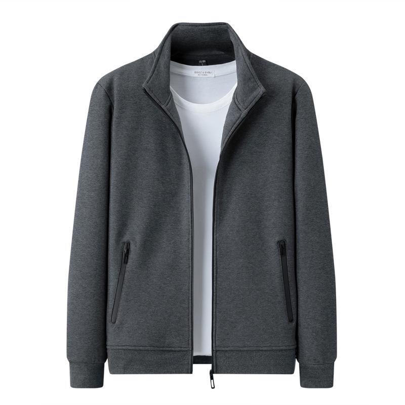 Men's Solid Color Stand Collar Cardigan Sweater with Velvet, Customizable Logo, Spring/Autumn Casual Sports Jacket.