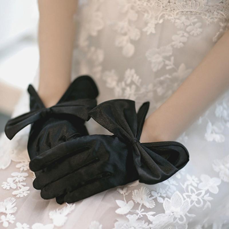 White Romantic Bridal Short Satin Gloves Girl Formal Tea Party Elegant Dress Pearl Wrist Bow Gloves Wedding Accessories