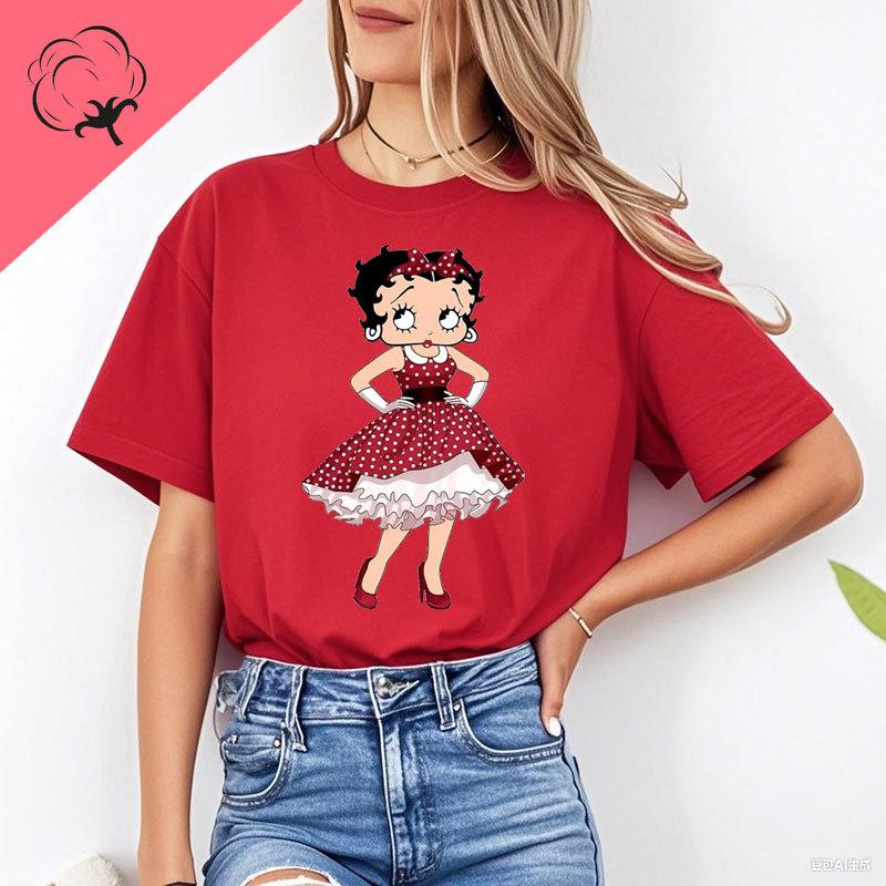 Новая Модная Футболка BettyBoop Кавайная Хлопковая С Круглым Вырезом Одежда 2000-х Y2k Женская Стиль Shoujo Девочка Креативная Футболка