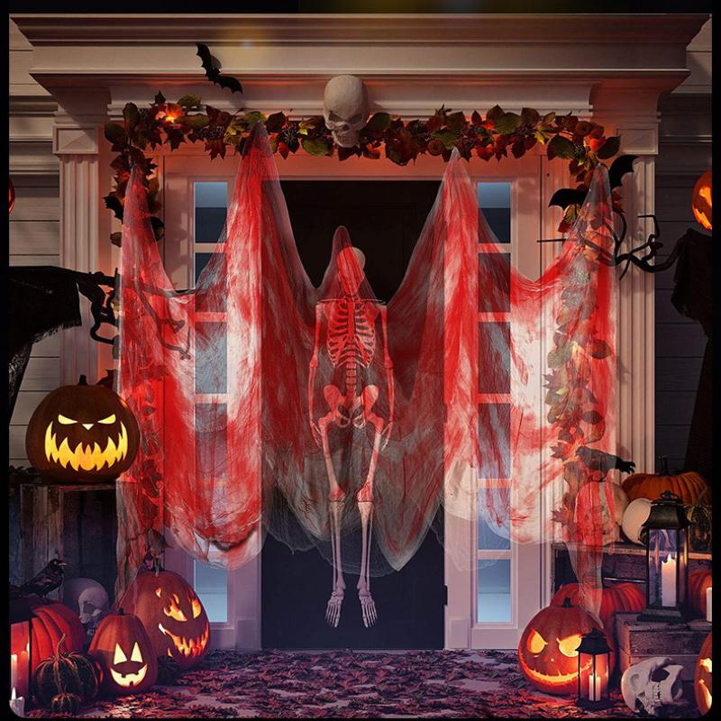 200*800cm, Halloween Gauze Decoration, Black, Fine Gauze, Blood Splattered Haunted House Party Decoration, DIY Horror Atmosphere Decoration Supplies