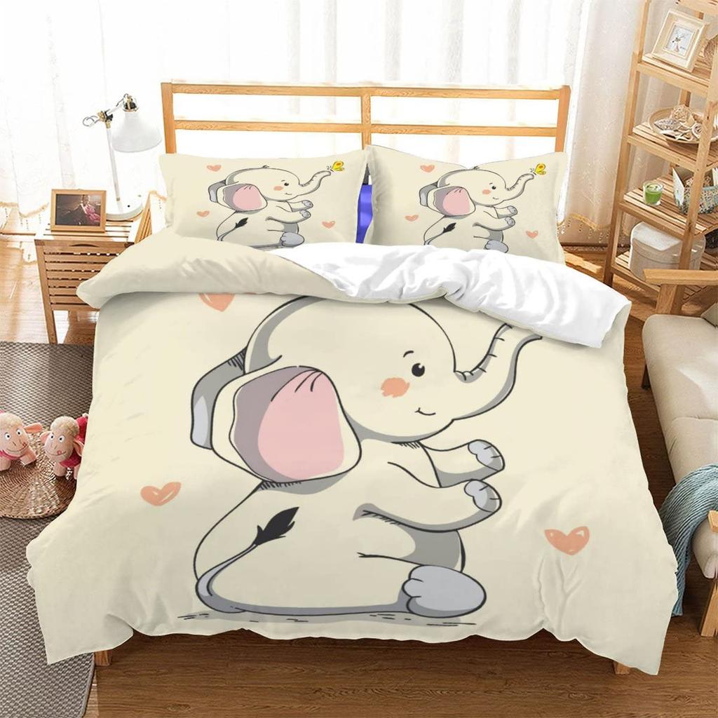 Kawaii Elephant Duvet Cover Set Cute Animals Quilt Cover Twin Queen Soft Microfiber Cartoon Bedding Set For Boys Girls Room Dorm