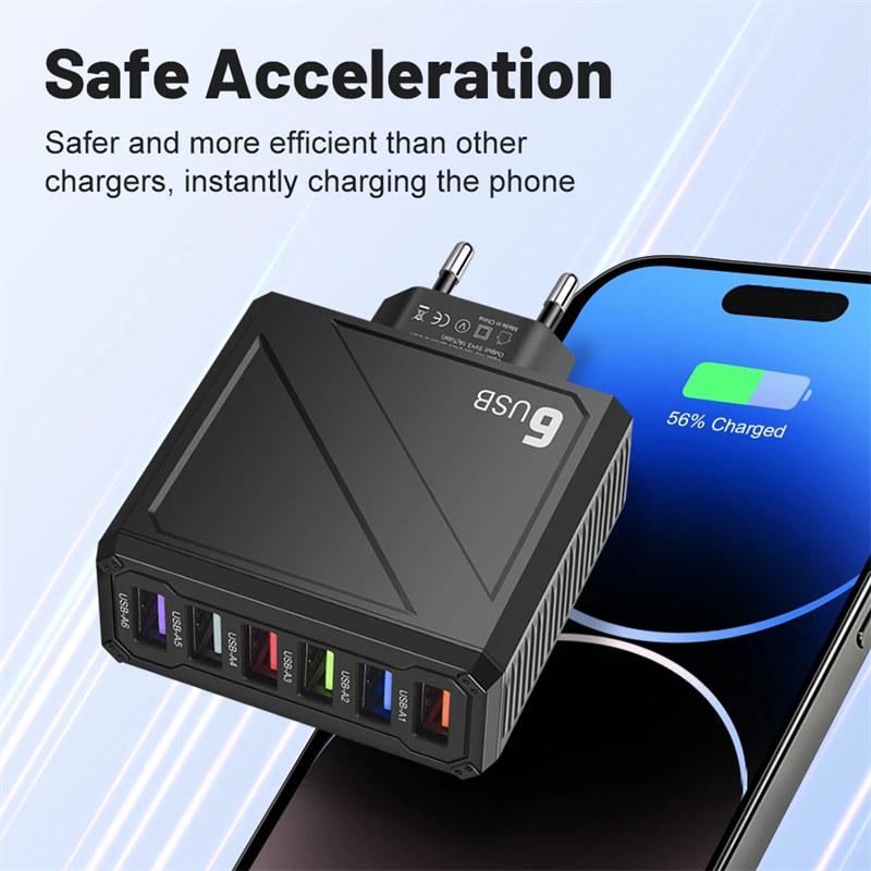 3.1A 6Ports USB Charger Fast Charging QC3.0 Travel Charger For iPhone 15 14 Samsung Xiaomi Mobile Phone Adapter EU US UK KR Plug