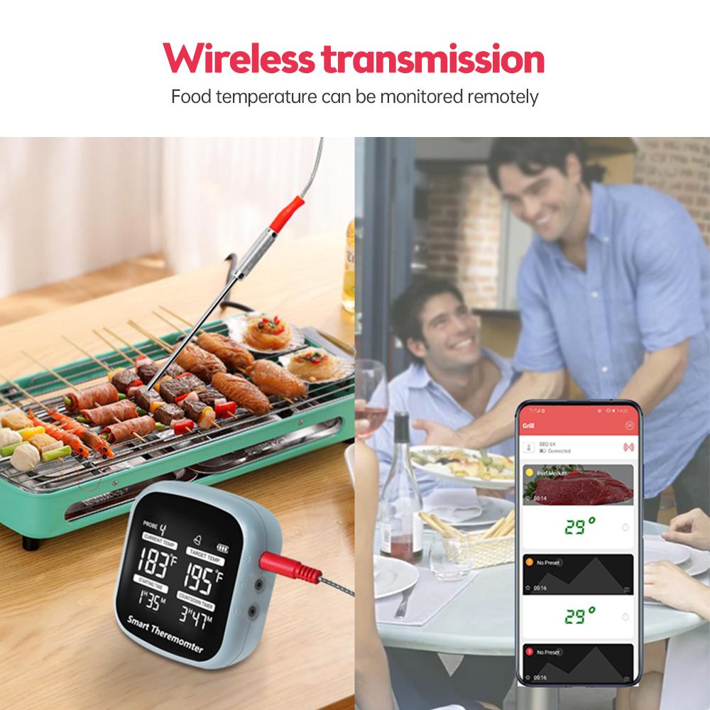 Беспроводной термометр для мяса, ЖК-цифровой термометр для гриля с сигнализацией, 6 магнитных зондов, 164 фута BT
