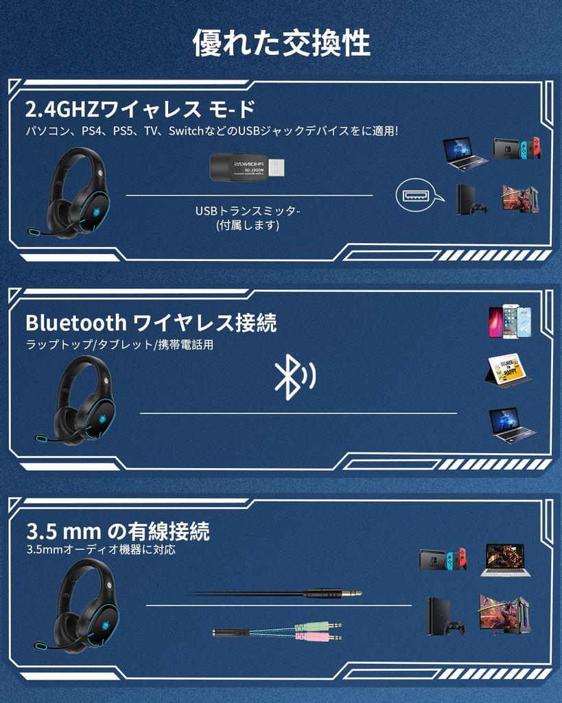 Гарнитура YOTMS Gaming Wired and Low USB Bluetooth Wired 3WAY Wireless с шумоподавлением, 45 часов непрерывного глубокого баса, с переключателем