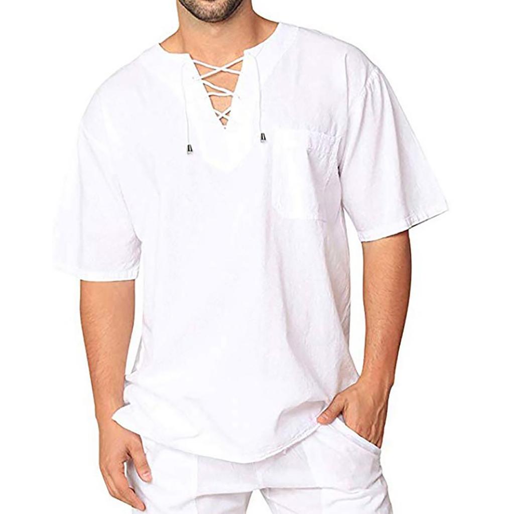 Mens Cotton Linen Shirts Casual Beach Hippie Shirt Short Sleeve V Neck Yoga Tops
