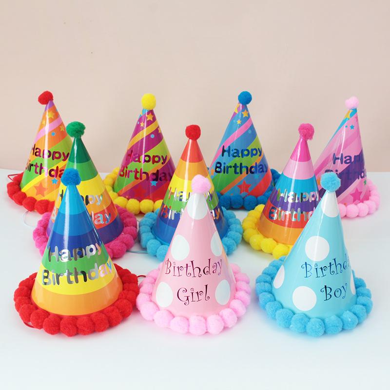 20pcs Fuzzy ball birthday hat batch-Colorful children's birthday party decorations for kindergarten paper hats for children's first birthday