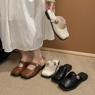 Корейская версия уличной обуви на плоской подошве, универсальные квадратные сабо, крутые тапочки, женские, 2025, новая весна-лето, низкий каблук, ретро, ленивая сумка, голова ха
