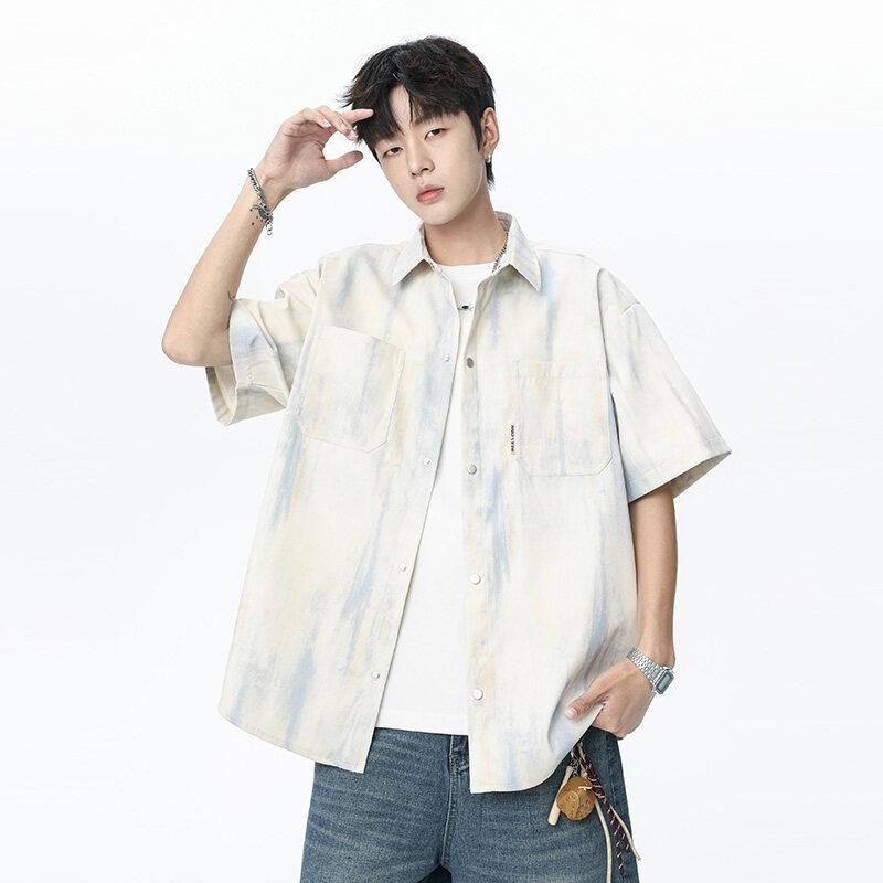 Men Vintage Tie Dye Loose Casual Short Sleeve Turn Down Collar Shirt