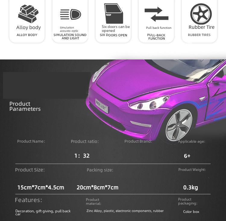 1:32 Tesla Model 3 Alloy Toy Car with Light & Sound Effects, Pull-Back Action.
