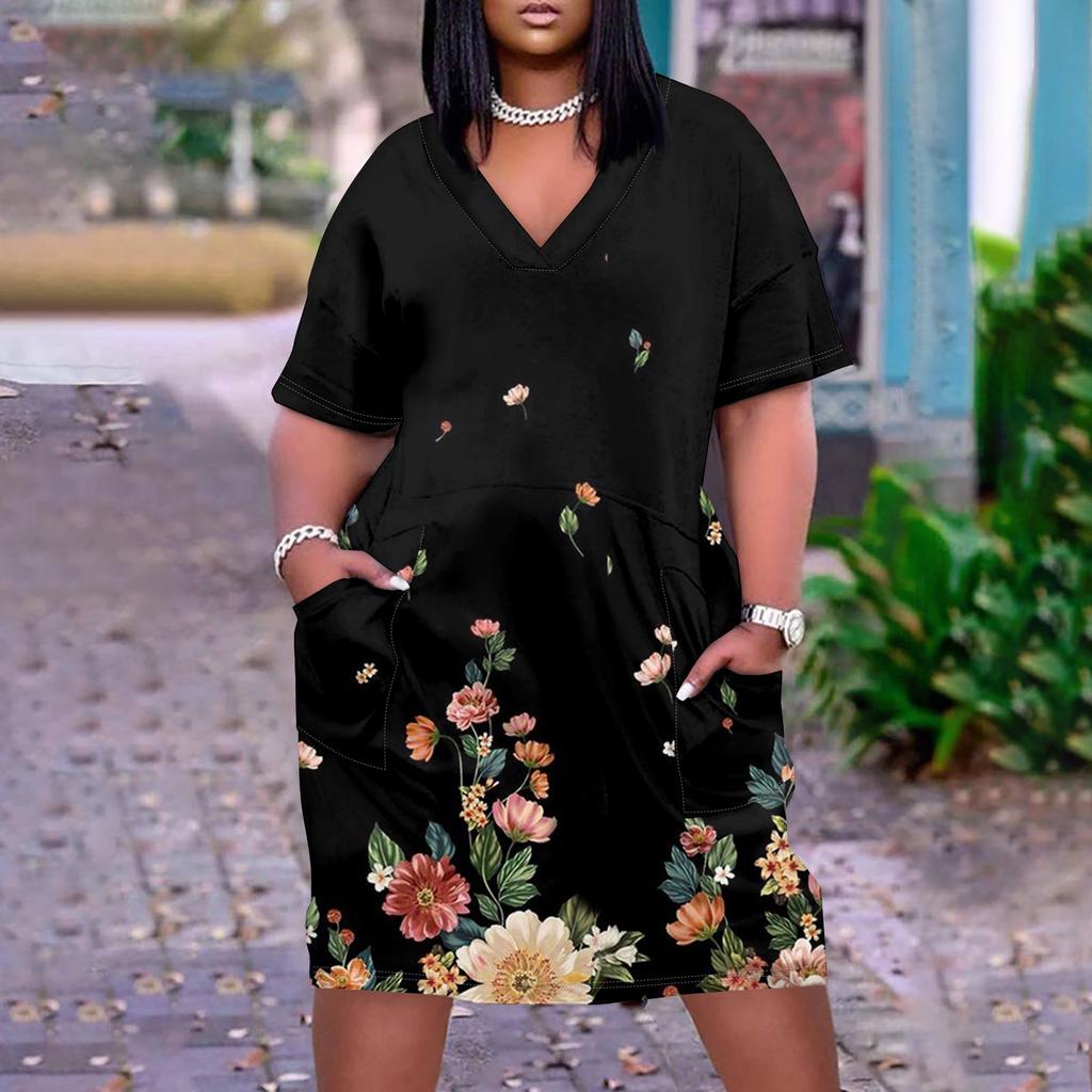 Лето плюс размер V-образным вырезом с коротким рукавом и карманом до колена с градиентным принтом повседневное платье для женщин