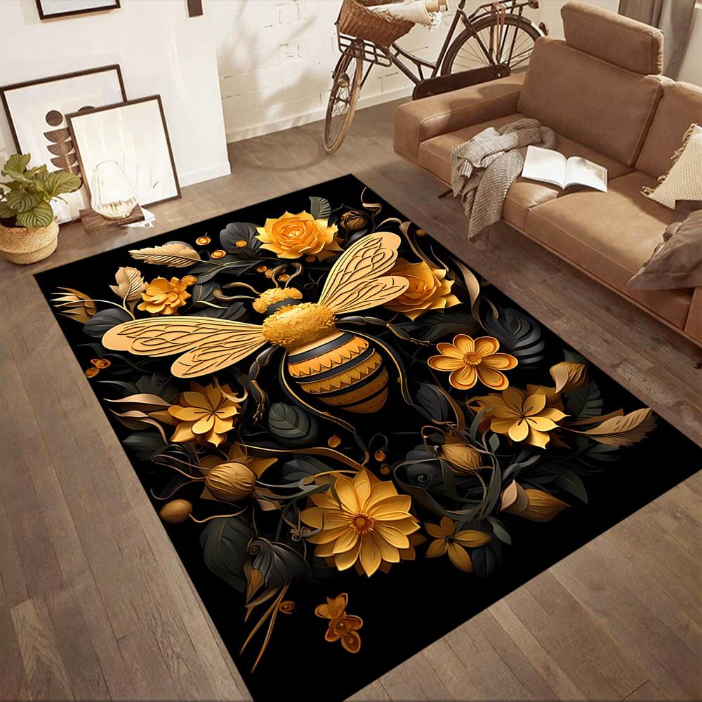 Golden Bees On Black Background Floor Mats for Living Room, Bedroom and Room Decoration Are Suitable for Gifts.