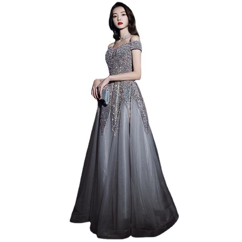 Heavy industry evening dress women's 1011 new banquet temperament socialite sequins one-word shoulder long dress annual meeting dress