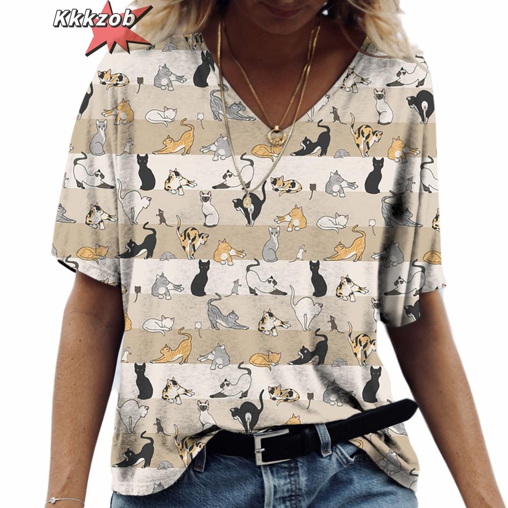 Футболка женская с принтом аниме-кота 2024 года, модная одежда в стиле Харадзюку, футболки большого размера с коротким рукавом и V-образным вырезом, женская повседневная уличная блузка