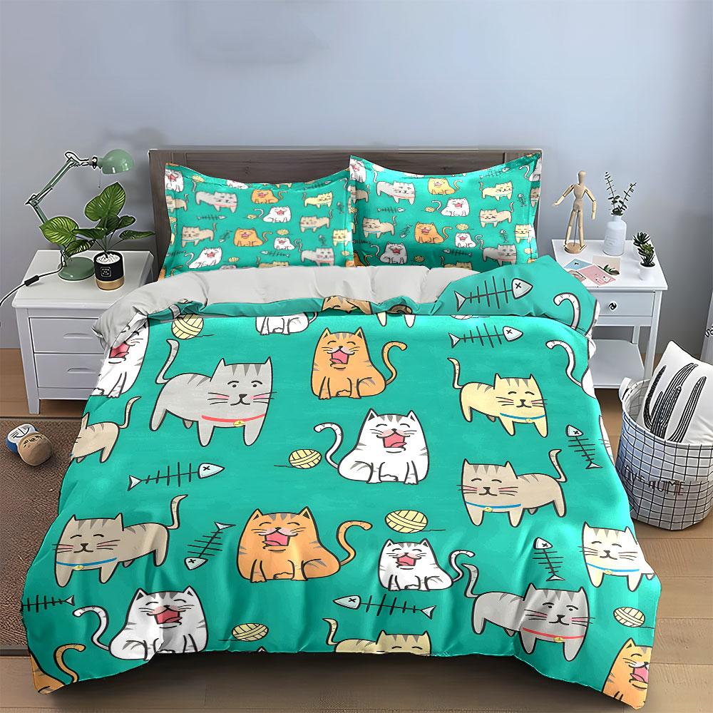 Cute Cartoon Cats Pattern Set Bedding Duvet Cover Set (1*Duvet Cover 2*Pillowcases, without duvet insert)