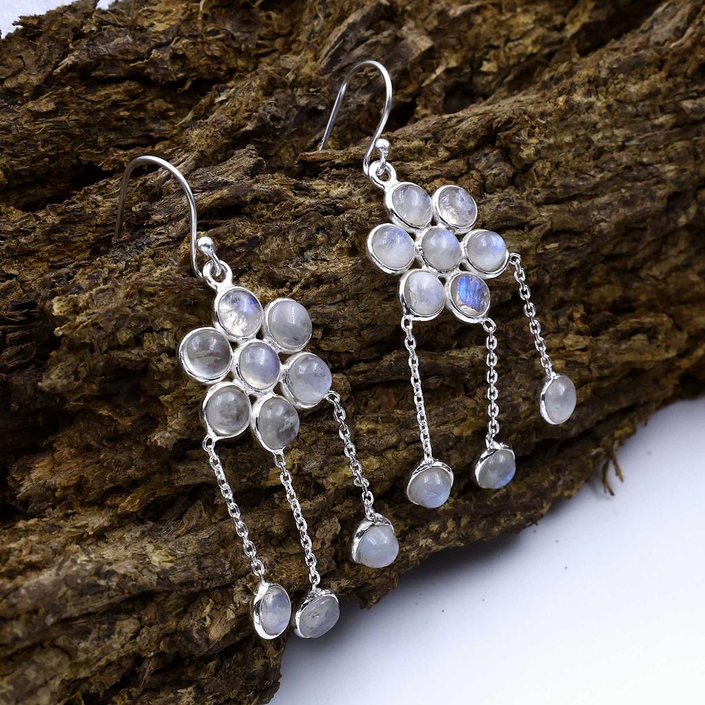 925 Sterling Silver Earring, Moonstone Gemstone Earring, Dangle Earring, Designer Earring, Floral Earring, Women Earring