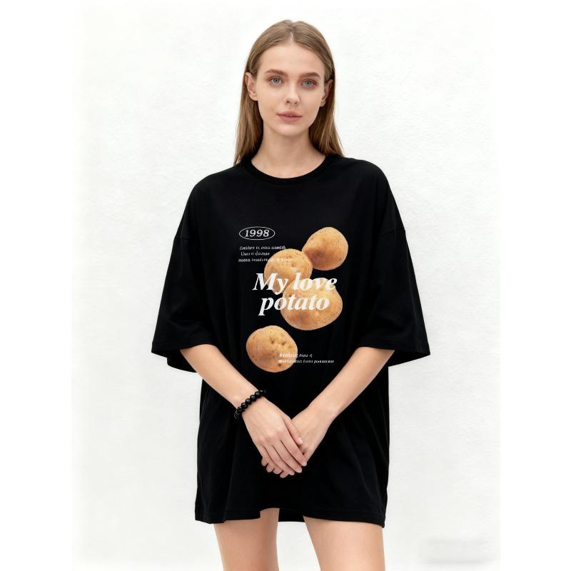 Oversized T Shirt Black My Love Potato Print Graphic Tee Casual Streetwear Summer Outfit Unisex Fashion Top