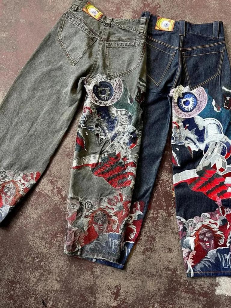 Джинсы GLYDE Streetwear Y2K Харадзюку Готика Ретро Хип-Хоп Вышитые Мешковатые Джинсы Мужские Женские Новые Брюки с Высокой Талией и Широкими Штанинами