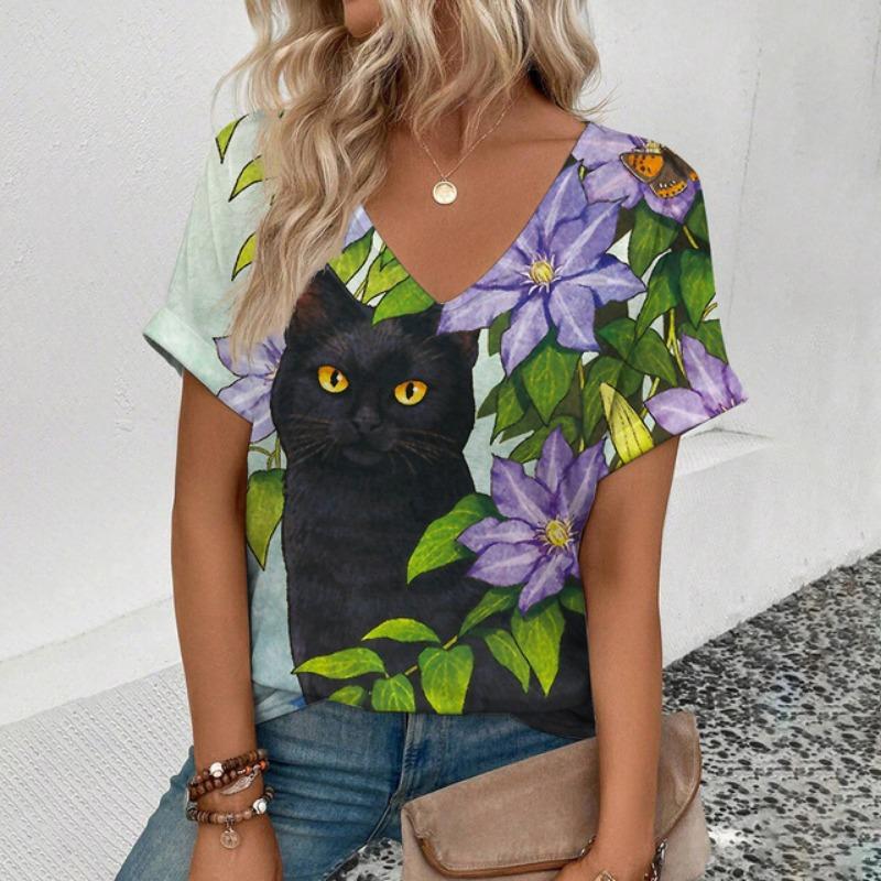 2025 Большой размер короткий рукав популярная женская футболка с V-образным вырезом красивый дизайн с принтом кота футболки Sense Of New Summer