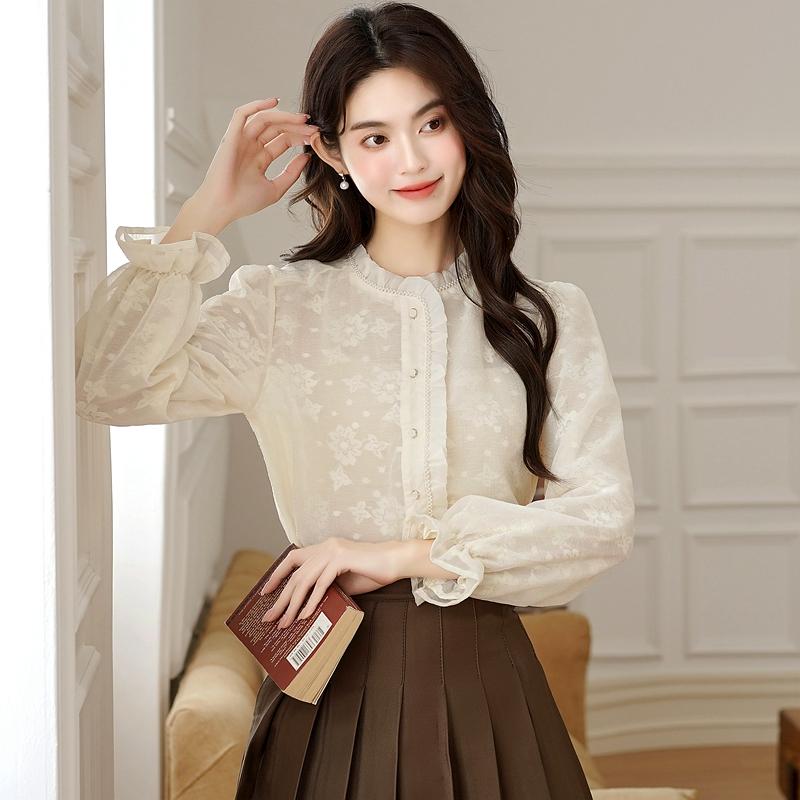 Мода осень 2024 длинный рукав воротник стойка бисер кружево шифон блузка рубашка женские топы блузки рубашки J427