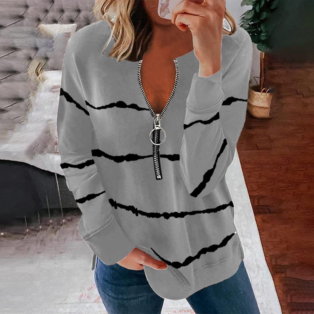 Women Casual Pringting Stripe Zipper Long Sleeve Casual Blouse Tops Shirts