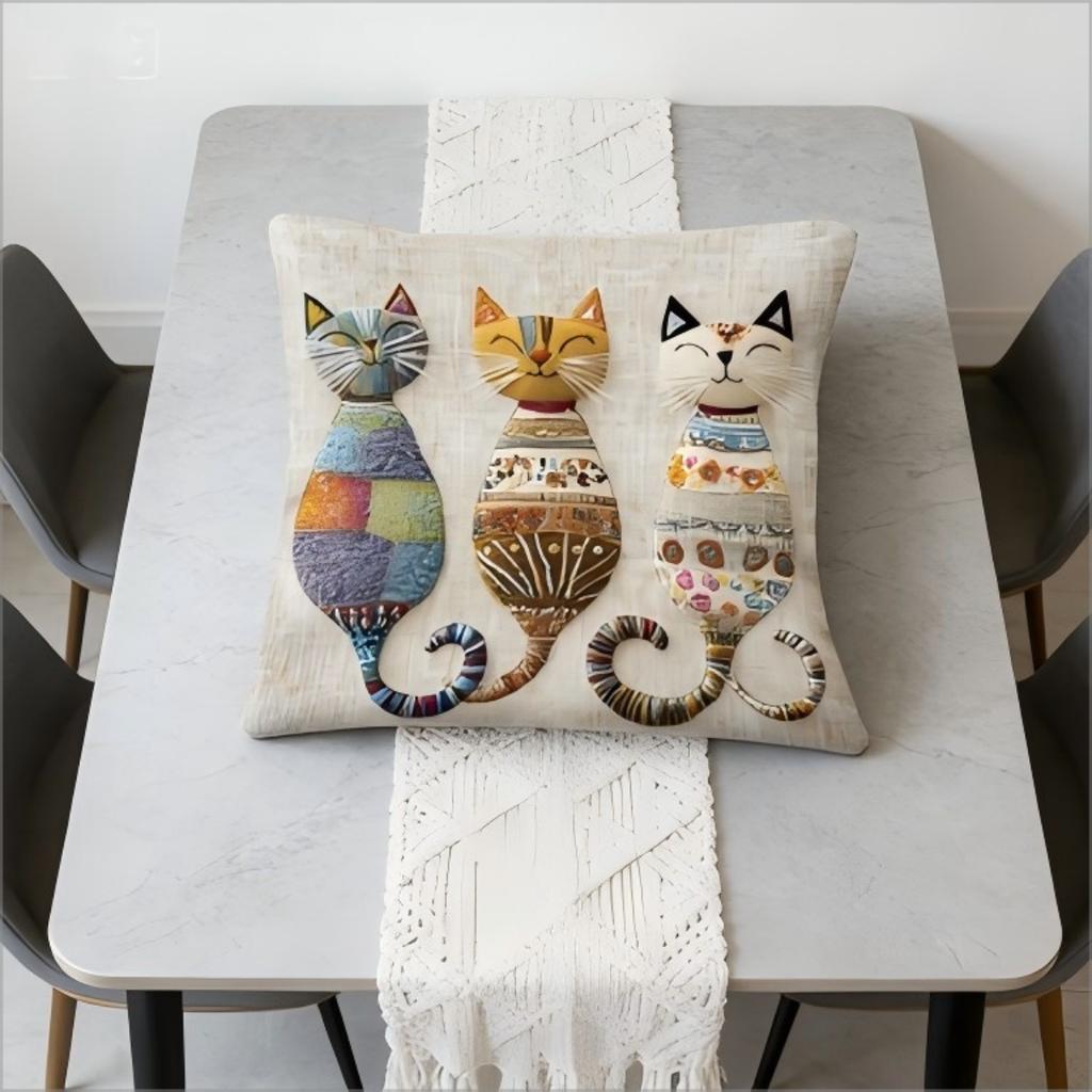 Colorful Three Cats Pillow Cover Boho Print Cushion Case Whimsical Cat Trio Cat Lover Sofa Living Room Gift